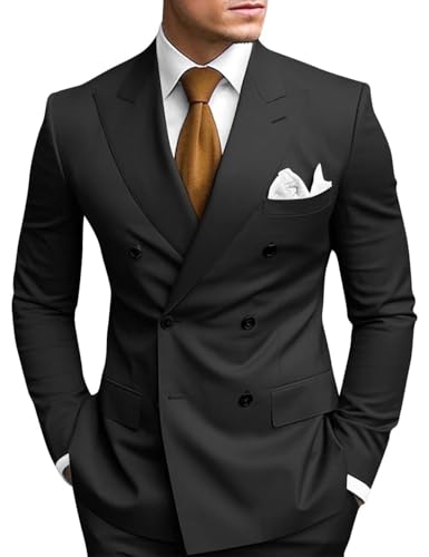 HANBANGWEI Black Suits for Men Slim Fit Mens 2 Piece Double Breasted Suit Tuxedo Blazer and Pants for Wedding Prom Homecoming Party, L