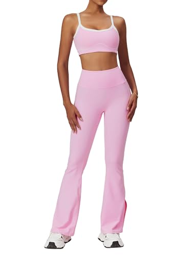 ABEHIK Workout Sets for Women 2 piece Contrast Piping Sports Bra and High Waist Split hem Flared Leggings Booty Lifting Pant Gym Yoga Active Wear Outfits Athletic Suits Pink S