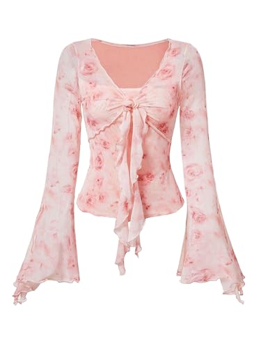 Verdusa Women's Y2K Bell Long Sleeve Floral Print Mesh Tie Front Lettuce Trim Tee Shirt Top