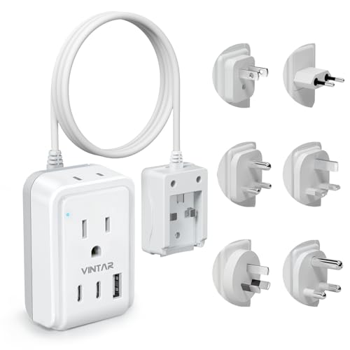 VINTAR Universal Travel Adapter Kit, 5ft Detachable Extension Cord with 2 AC Outlets & 3 USB(2 USB C), Type A/C/G/D/I/M International Power Adaptor for US to Europe UK India South Africa Japan