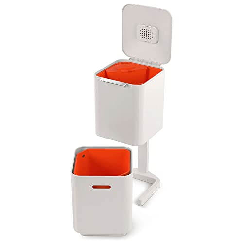 Joseph Joseph Totem Compact 40 liter/10.5 Gallon Waste Separation and Recycling Kitchen Trash Bin with Odor filter and removable food waste caddy, Stone