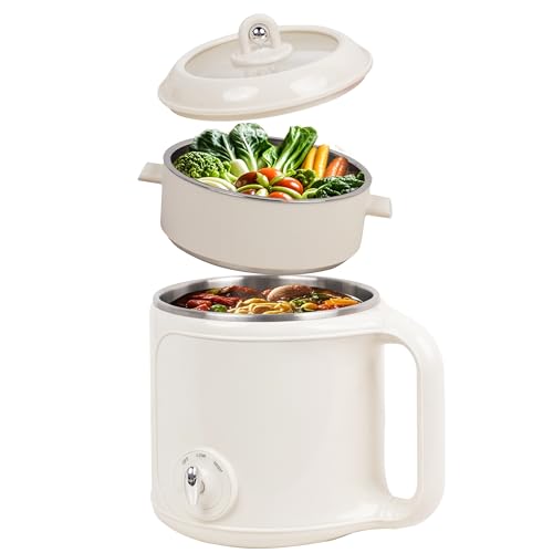 Ksalinameslon Electric Hot Pot with Steamer: 2.0L Ramen Cooker, Multifunctional Stainless Steel Electric Pot, Portable, Dual Power Adjustment for Dorm, Office, Travel