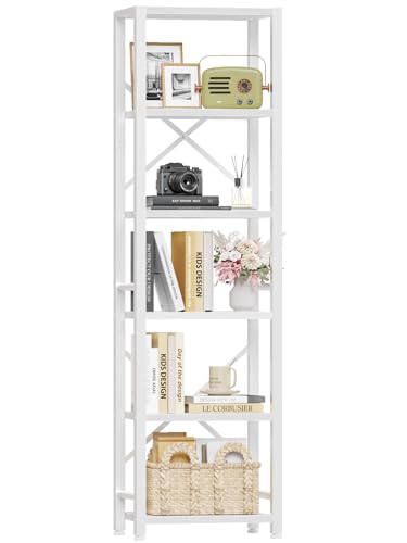 Furologee White Bookshelf 6 Tier Tall Narrow Bookcase, Modern Display Standing Shelf Unit, Metal and Wooden Storage Corner Shelves Organizer for Bedroom, Living Room, Office, Bathroom