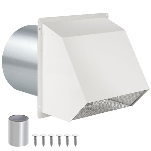 6 Inch Hooded Wall Vent with Screen and Damper,Wall Exhaust Vent Cover Cap,Dryer Vent Cover Outside,External Extractor Wall Vent Hood for House Kitchen Range Hood Air Ventilation,Galvanized Steel,Whit