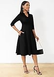 Nmoder Casual Dresses for Women Semi Formal Fit and Flare Dresses 3/4 Sleeve A-line Church Work Dresses with Pockets Black L