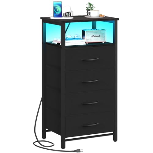 Yoobure Night Stand - Small Dresser for Bedroom, LED Black Nightstand with Charging Station, Bedside Table with 4 Fabric Drawers and Open Shelf, Vertical Dressers with USB Ports and Outlets