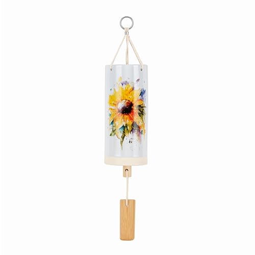 DEMDACO Dean Crouser Collection Watercolor Vibrant Yellow Sunflower 7 x 3 Stoneware Beech, Bamboo, and Stainless Steel Outdoor Garden Wind Chime Noisemaker