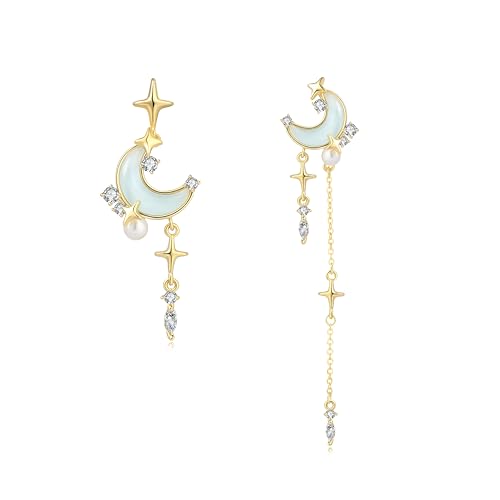 Sixfox Moon Star Dangle Earrings 14K Gold Plated Earrings for Women Gold Drop Earrings 14K Gold Dainty Drop Gift for Her