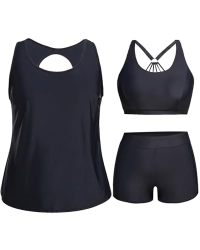 Holipick Women Black Plus Size 3 Piece Tankini Swimsuits Athletic Bathing Suits with Boy Shorts Tank Top with Sports Bra 22W