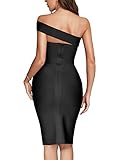 Women's One Shoulder Side Split Bandage Bodycon Club Midi Dresses (XS, Black)