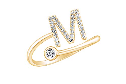 Bezel Set Simulated Birthstone & White Natural Diamond Accent Initial " M " Alphabet Letter Adjustable Promise Ring 14k Yellow Gold Over Sterling Silver