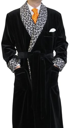 Men Black Long Smoking Jacket,Men Double Breasted Luxury Silk Velvet Cigar Robe for Dinner Party Wear Jackets (US, Alpha, X-Large, Regular, Regular)
