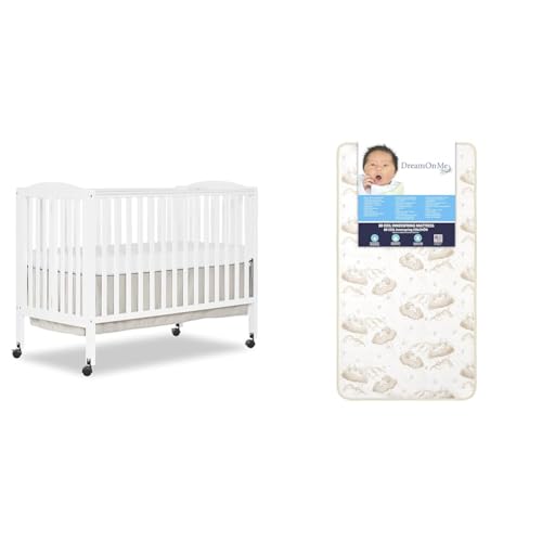 Dream On Me, Full Size 2-in-1 Folding Stationary Side Crib, White & Foam 2-in-1 Breathable Twilight 5" Spring Coil Crib and Toddler Bed Mattress Firm