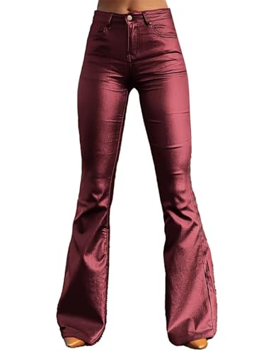 Flamingals Bootcut PU Leather High Waist Flare Legs Vintage Pocket Pants Winter Trendy Red 3XL