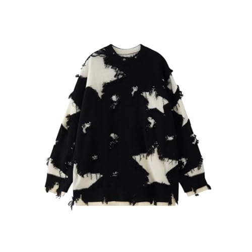 Gothic Sweater Emo Sweater Y2k Star Womens Men Punk Loose Oversized Ripped Pullover Knit Sweaters Emo Cloth Gothic Clothes (Black,Medium)