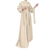 OBEEII Muslim Dress for Women Loose Full Cover Long Abaya Satin Dress with Hijab Kaftan Abayas Islamic Robe Beige Medium