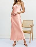 MEROKEETY Women Strapless Silk Tube Top Maxi Dress Backless Elegant Satin Bodycon Formal Gowns LightPink Small