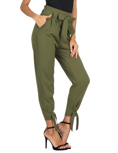 GRACE KARIN Womens Casual High Waist Pencil Pants with Pockets Bow-Knot Cropped Paper Bag Pants for Work Army Green M