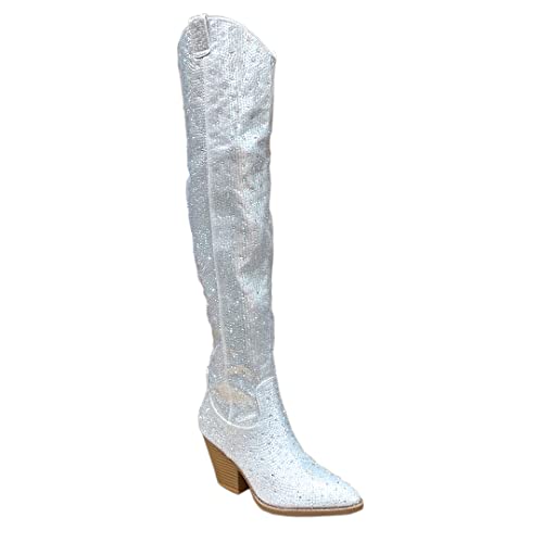 ABSOLEX Women Western Cowgirl Cowboy Pointed Toe Rhinestone Mid-Calf Over the Knee Boots, Silver, 10