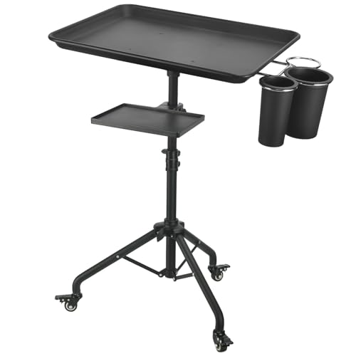 Salon Tray Cart on Wheels, Aluminum Tattoo Tray with Storage Platform, Adjustable Height Service Rolling Tray, Storage Tray Accessory for Salon Spa Dental Use, Rolling Tray Cart