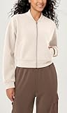 ODODOS Modal Soft Full-Zip Bomber Jacket for Women Long Sleeve Casual Fall Outfit Crop Top with Pockets, Ivory, Large