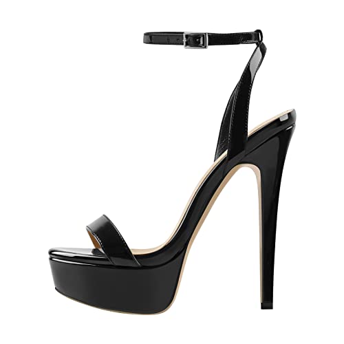 onlymakerheels Platform Stiletto High Heels for Women, Peep Round Open Toe Ankle Strap Sexy Heeled Sandals for Wedding Party Dress Black Size12