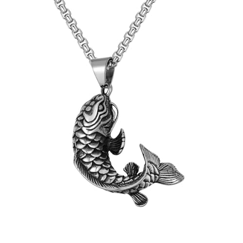 Koi Carp Fish Pendant for Men Chinese Koi Fish Necklace, Lucky Fish Amulet Necklace Classic Goldfish Necklace Men’s Chinese Koi Carp Jewelry Silver Vintage Fish Animal Charm Necklace