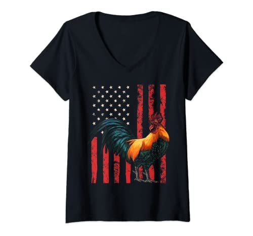 Womens American Flag Rooster Chicken Gamefowl USA Cockerel V-Neck T-Shirt