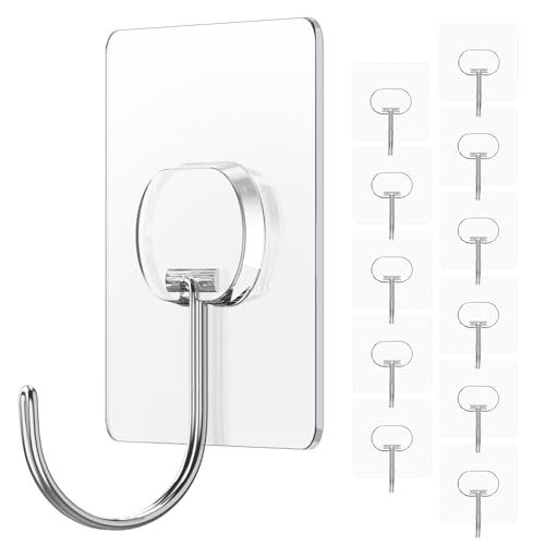 Large Adhesive Hooks for Hanging Heavy Duty Wall Hooks Self Adhesive Towel Coat Hooks Waterproof Transparent Hook for Bathroom Shower Kitchen Keys Door Outdoor Home Improvement Utility Hook 12 Pack