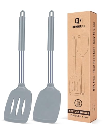 Pack of 2 Silicone Solid Turner, Non Stick Slotted Kitchen Spatulas, High Heat Resistant BPA Free Cooking Utensils, Ideal Cookware for Fish, Eggs, Pancakes(Gray)