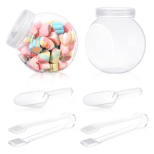 Sunnyray 2 Sets 51 oz Halloween Plastic Candy Jars for Candy Buffet Candy Bar Containers for Christmas Party with Scoops and Tongs Clear Cookie Jars with Lids for Table Buffet Sugar Party Display