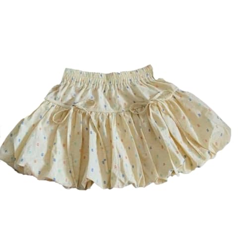 Women's Sweetheart Summer Skirt High Waisted A-Line Tiered Skirt with Butterfly Knot Floral Details, Breathable Midi Skirt (Yellow,Medium)