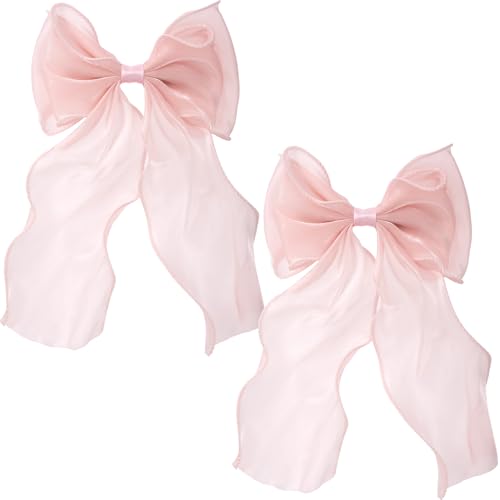 STSTR 2Pcs Large Hair Bow Clips, Pink Silk Yarn Ribbon Bow Hair Barrette for Women, Elegant Long Tail Bowknot French Hair Accessories for Wedding, Parties, Festivals