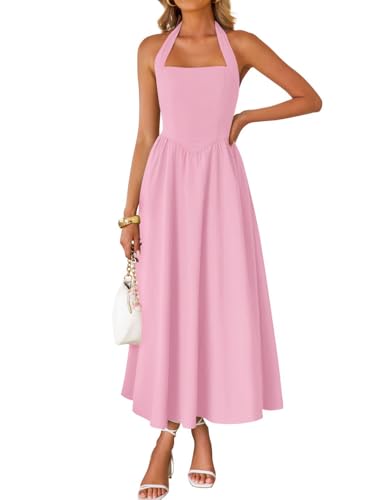 ZESICA Women's Summer Sleeveless Halter Midi Dress 2025 Off Shoulder High Waist Swing Flowy Beach Long Dresses,Pink,Large