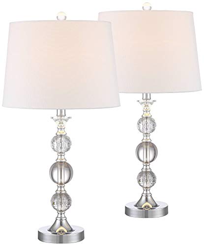 360 Lighting Solange Luxury Table Lamps 25" High Set of 2 with Table Top Dimmers Stacked Crystal Ball Silver White Tapered Drum Shades for Living Room Bedroom House Nightstand Home Office