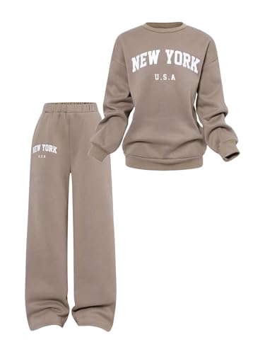 SOLY HUX Girl's Sweatsuit Letter Graphic Crewneck Sweatshirt Casual Sweatpants Sets 2 Piece Outfit Khaki Letter 10Y