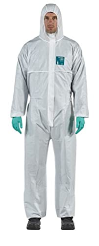 Hazmat Suits Hooded Coveralls Disposable Chemical-Resistant, Elastic, Unisex-Adult Industrial 8 Sizes Full Body Clothing (50, Small), White