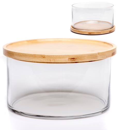 25DOL XXL Extra Large Clear Glass Salad Bowl Dish【Hand Blown】 Dual Function Bamboo Lid - Mixing Bowl for Salads, Dessert, Fruit, Punch - Centerpiece Large Serving Bowls - Airtight Lid