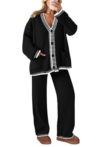 PRETTYGARDEN Lounge Sets for Women Fall 2025 Loungewear 2 Piece Outfits Cardigan Sweaters Track Suit Matching Winter Clothing (Black,Medium)
