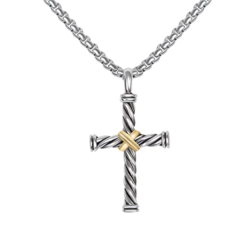 Myshiwu Designer Two-tone Twisted Cable Wire Cross Necklace Antique Fashion Brand Inspired Design Jewelry for Men Women Gift