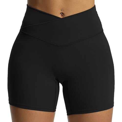 Aoxjox Trinity Workout Biker Shorts for Women Cross-Waist Crossover High Waisted Tummy Control Athletic Running Yoga Short 6" (Black, Medium)