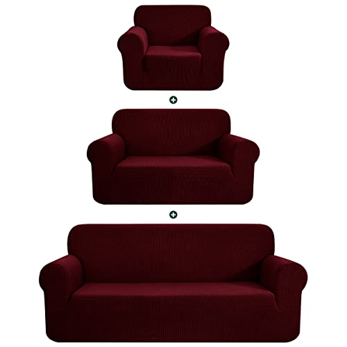 CHUN YI 1 Piece Stretch Sofa Slipcover Set for Couch and Loveseat and Armchair, Sofa Cover Set for 1 2 3 Seater Settee, Small Checks Jacquard Fabric (Wine/Burgundy, Covers for Sofa& Loveseat & Chair)