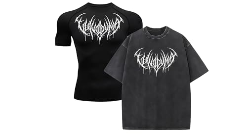 FitKairosis Compression + Baggy Bundle Gym Compression Wear Fitness Workout Clothes Fitness and Pump Cover Metal Graphic Logo (US, Alpha, Small, Regular, Regular, Black)