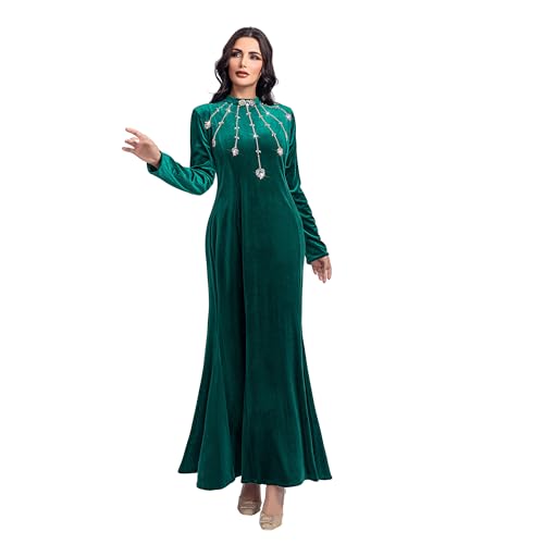 Elegant Velvet Muslim Dress for Women, Long Sleeve with Beads and Rhinestones Middle East Dresses,Arabic Dress for Women Ideal for Eid, Ramadan, Weddings, and Special Occasions Dark Green
