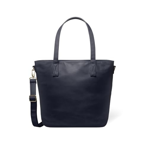 Simple Modern Vegan Leather Tote Bag for Women | Medium Work Purse with Compartments & Laptop Sleeve | Adjustable Crossbody Strap with Zipper Top & Pockets | Bag for Work School & Travel | Nightfall