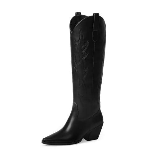 iiimmu Cowgirl Boots for Women Knee High Pointed Toe and Block Heel Cowboy Faux Leather Boots with Embroidered, Black, Size 9