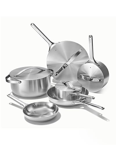 Caraway Stainless Steel Deluxe Cookware Set (16 Piece) - 5-Ply Stainless Steel Pots, Frying Pans, Lids and Kitchen Storage - Non Toxic, PTFE & PFOA Free