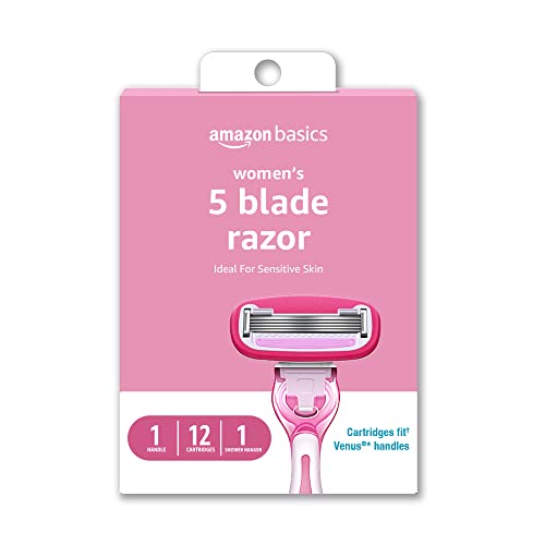 Amazon Basics Women's 5 Blade FITS Razor for Women, FITS Amazon Basics Handle and Venus Handles, Includes 1 FITS Handle, 12 Cartridges & 1 Shower Hanger