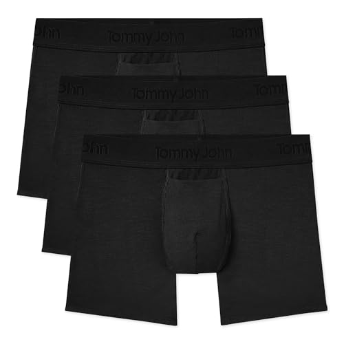 Tommy John Men’s Trunk 4” Underwear, Second Skin Boxers with Supportive Contour Pouch, Soft Naturally Breathable Stretch Fabric Boxers for Men, 3 Pack (Large, Black - 3 Pack)