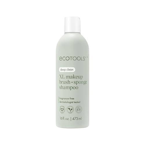EcoTools XL Makeup Brush + Sponge Shampoo, Removes Makeup, Dirt, & Impurities From Makeup Brushes & Makeup Blending Sponges, Fragrance-Free, Vegan, & Cruelty-Free 16 fl. oz./473 ml, 1 Count, Clear